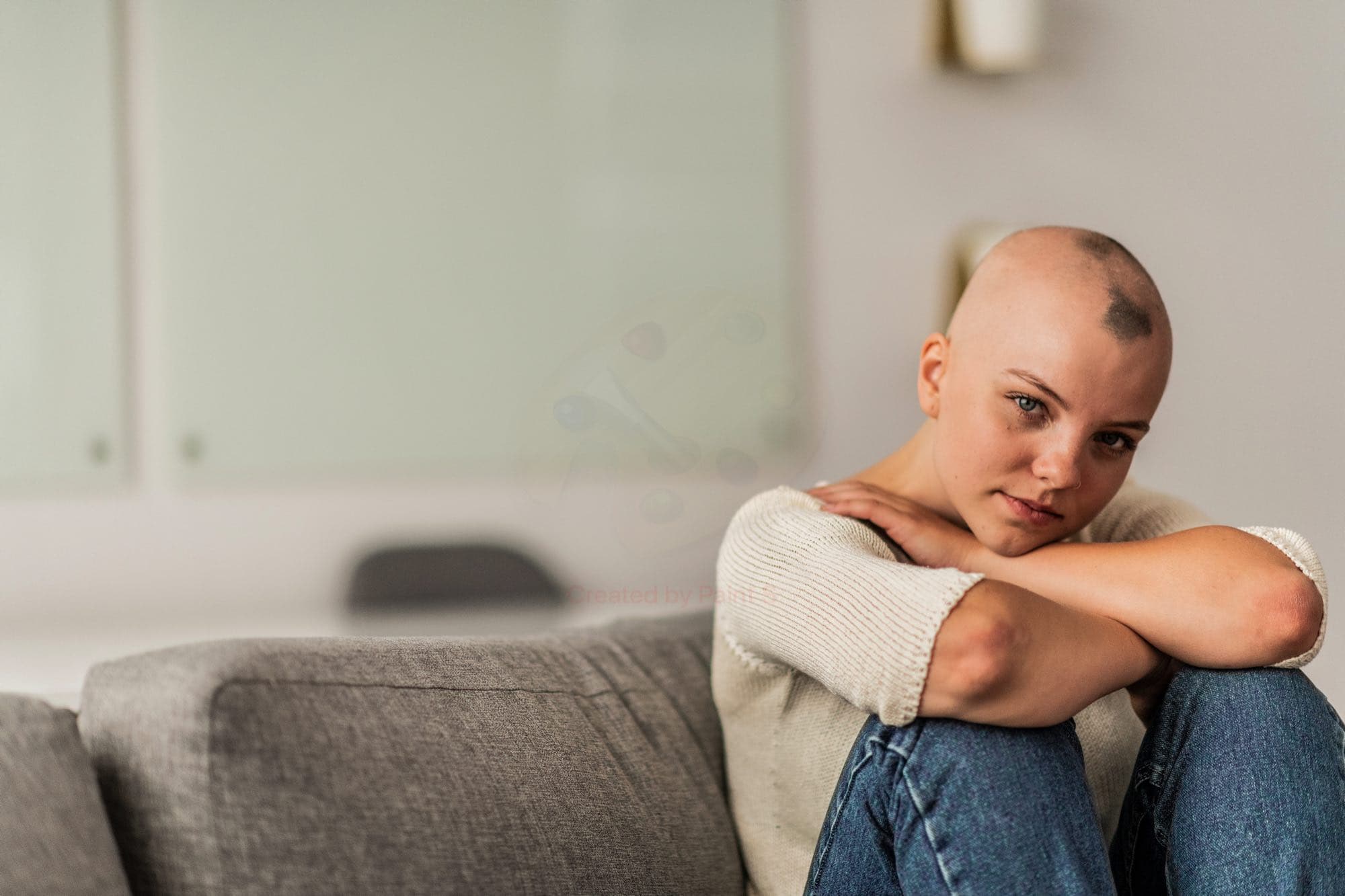 junges Mädchen mit Alopecia Areata sitzt auf der Couch